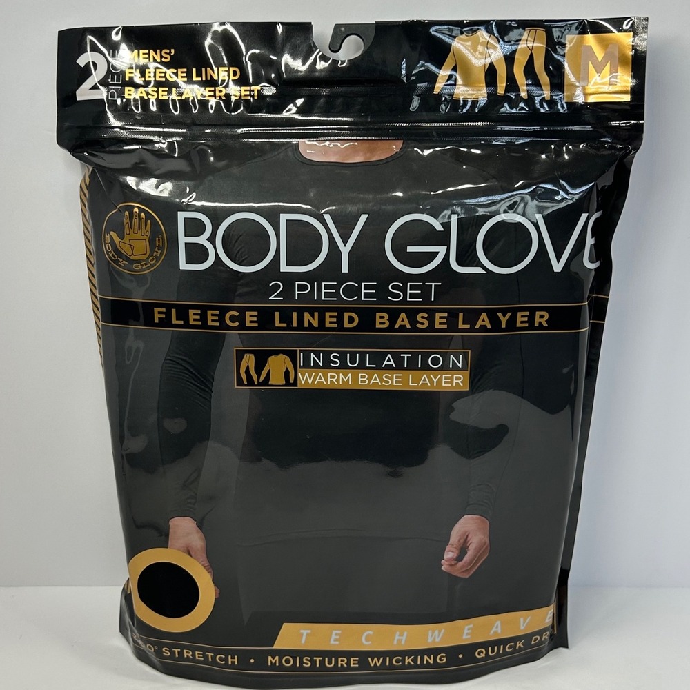 Body Glove Mens 2 Piece Fleece Lined Base Layer Set Black Techweave Medium NEW
